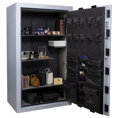 Liberty Franklin 50 gun safe in Glacial Steel with Black Chrome, Signature interior full with shelving and no guns.