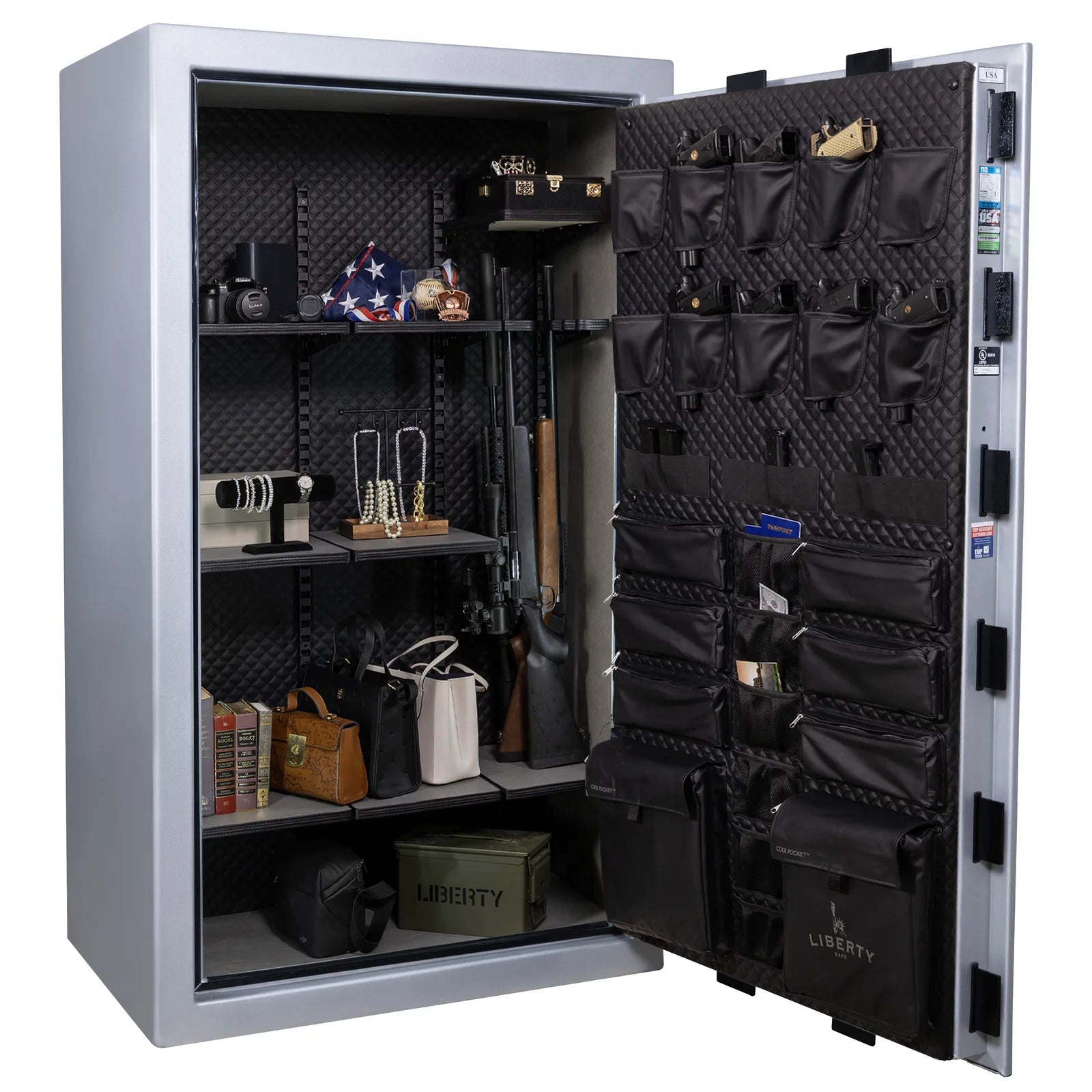 Liberty Franklin 50 gun safe in Glacial Steel with Black Chrome, Signature interior loaded with firearms.