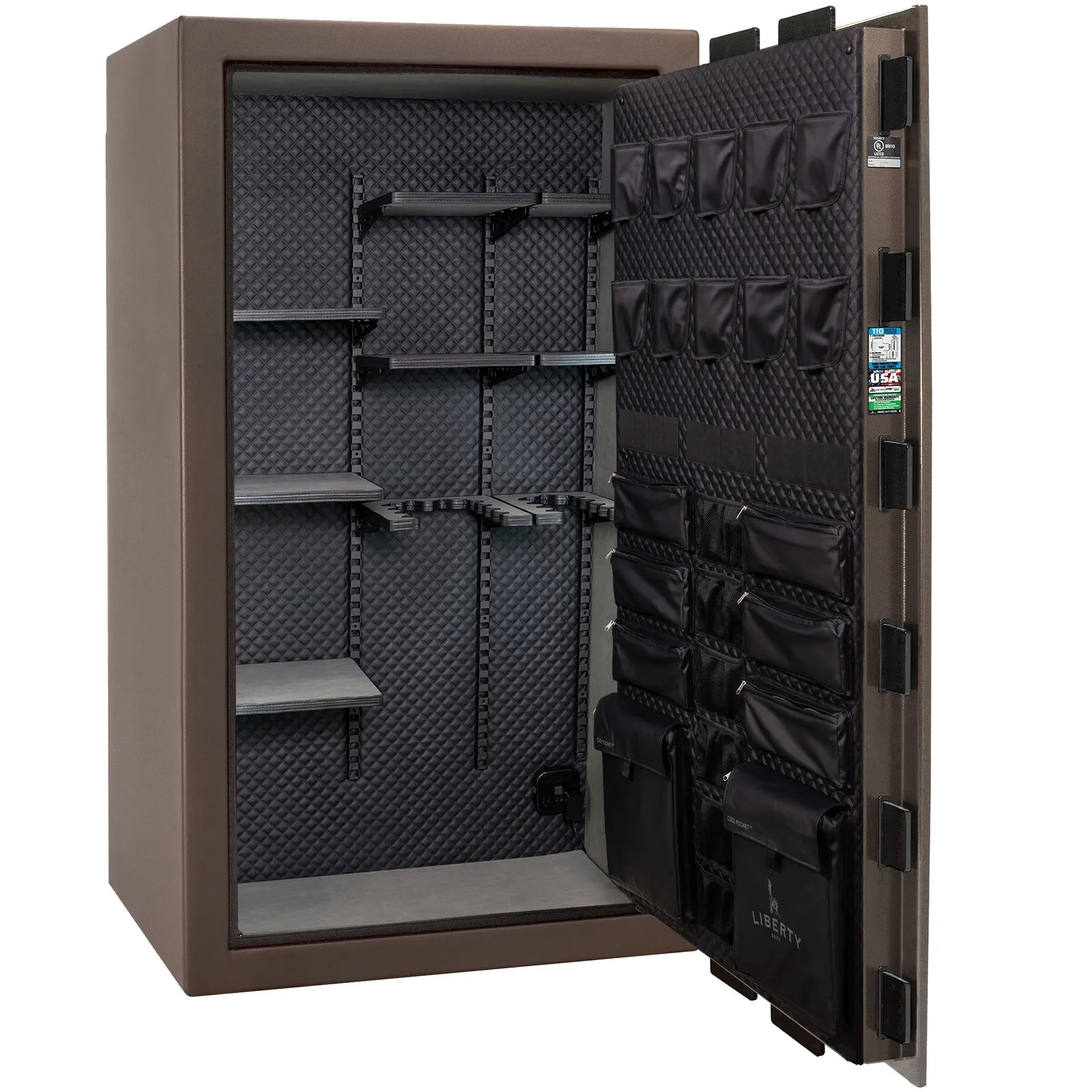 Liberty Franklin 50 gun safe in Bronze Textured with Black Chrome, Signature interior empty.