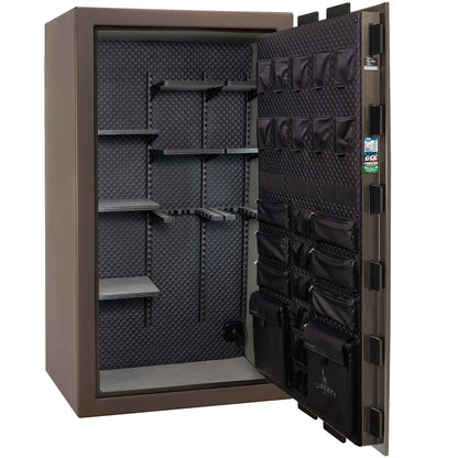 Liberty Franklin 50 gun safe in Bronze Textured with Black Chrome, Signature interior empty.