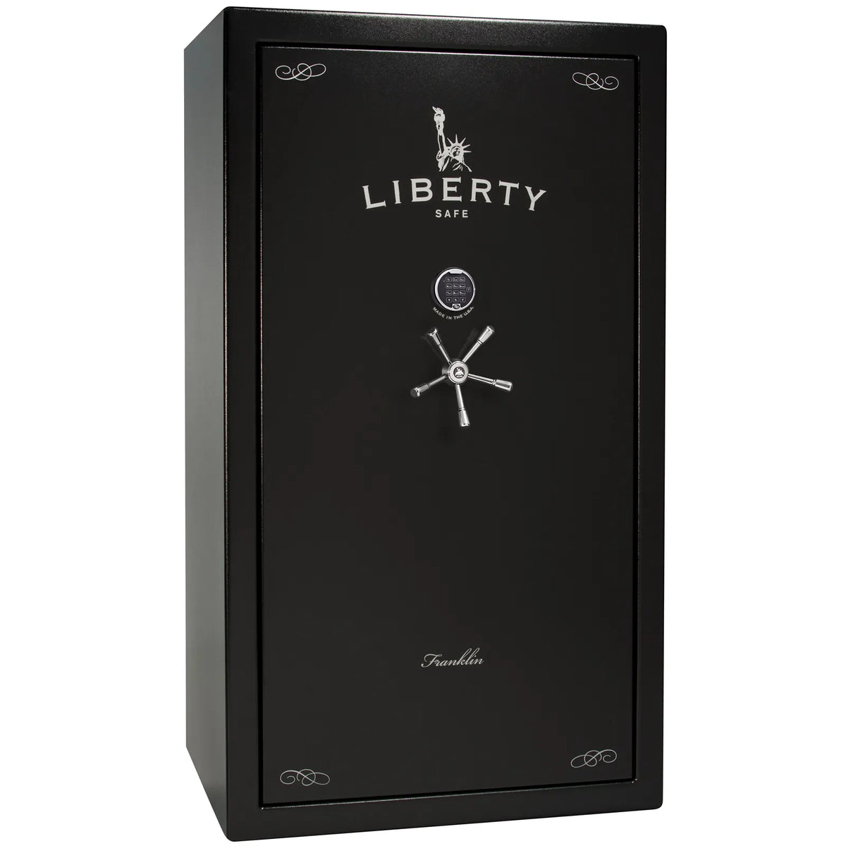 Liberty Franklin 50 gun safe in Textured Black with Chrome and S&G electronic lock, exterior view.