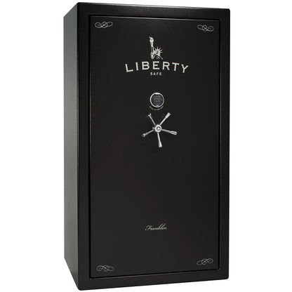 Liberty Franklin 50 gun safe in Textured Black with Chrome and S&G electronic lock, exterior view.