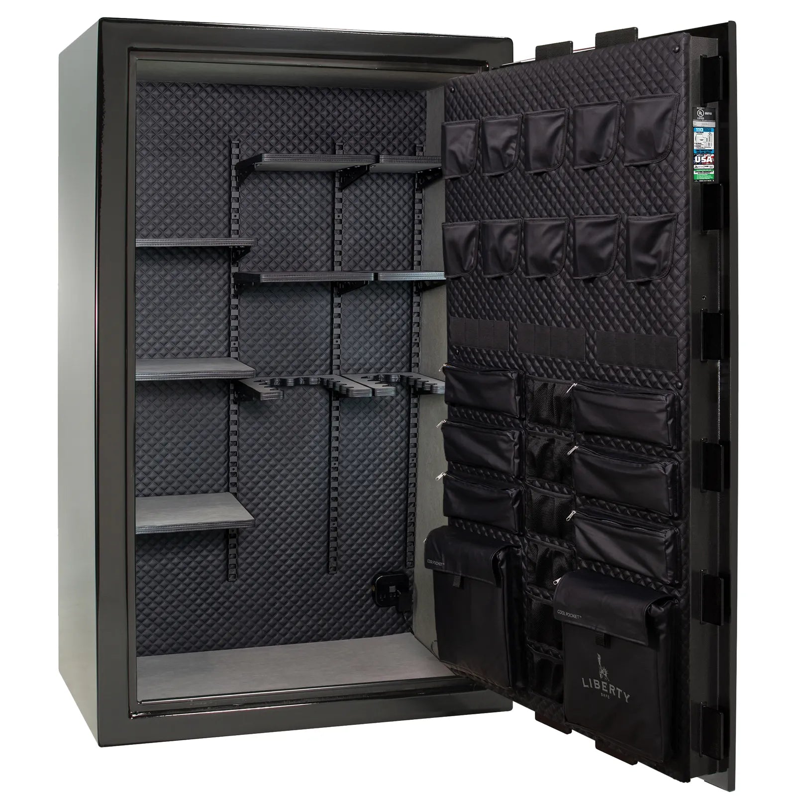 Liberty Franklin 50 gun safe in Textured Black with Chrome, Signature interior empty.