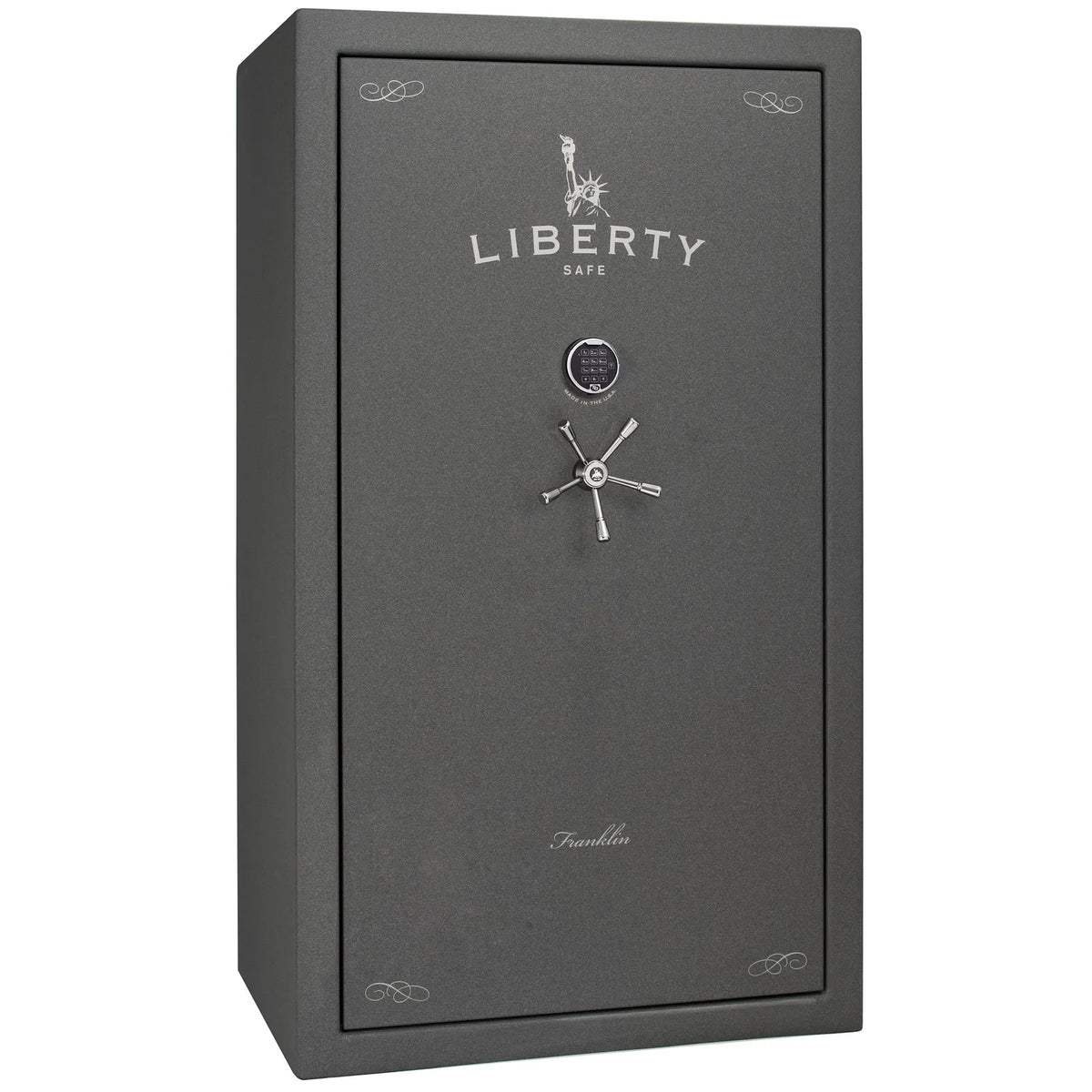 Liberty Franklin 50 gun safe in Textured Granite with Chrome and S&G electronic lock, exterior view.