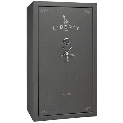 Liberty Franklin 50 gun safe in Textured Granite with Chrome and S&G electronic lock, exterior view.