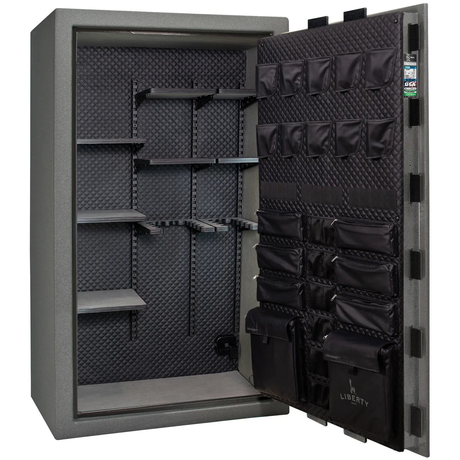 Liberty Franklin 50 gun safe in Textured Granite with Chrome, Signature interior empty.