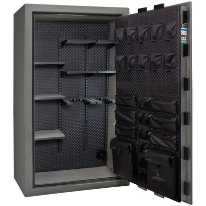 Liberty Franklin 50 gun safe in Textured Granite with Chrome, Signature interior empty.