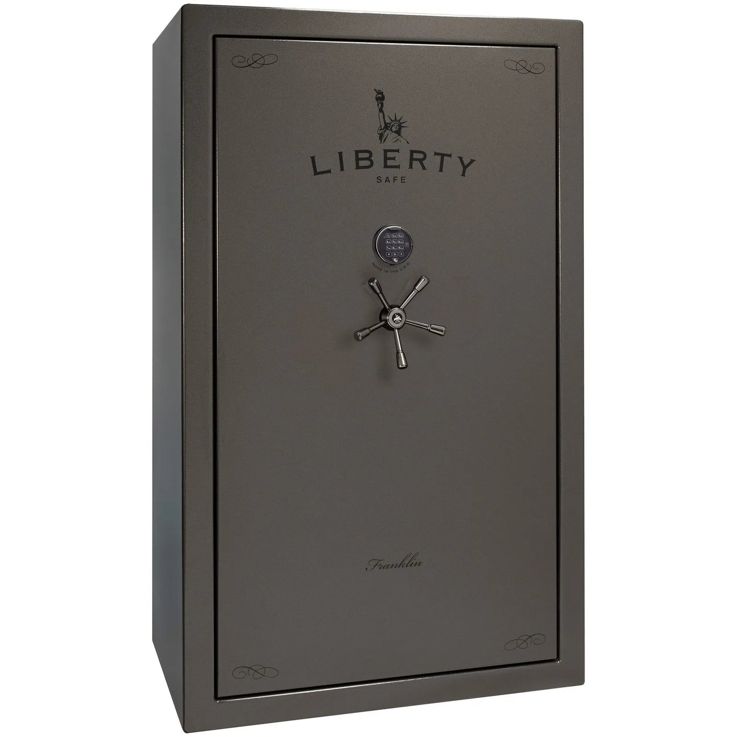Liberty Franklin 50 gun safe in Gray Marble with Black Chrome and S&G electronic lock, exterior view.