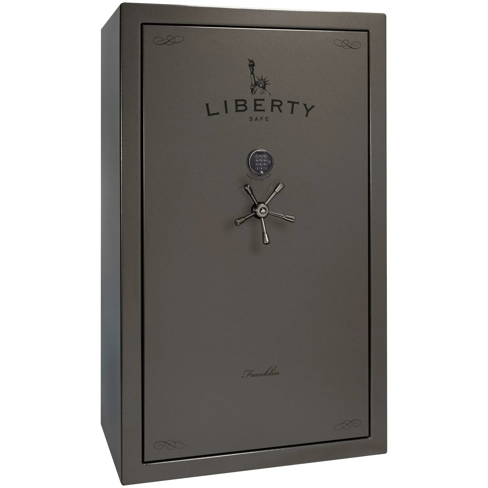 Liberty Franklin 50 gun safe in Gray Marble with Black Chrome and S&G electronic lock, exterior view.