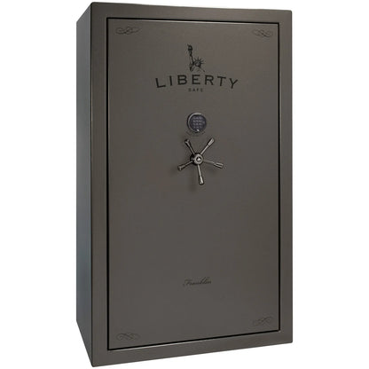Liberty Franklin 50 gun safe in Gray Marble with Black Chrome and S&G electronic lock, exterior view.