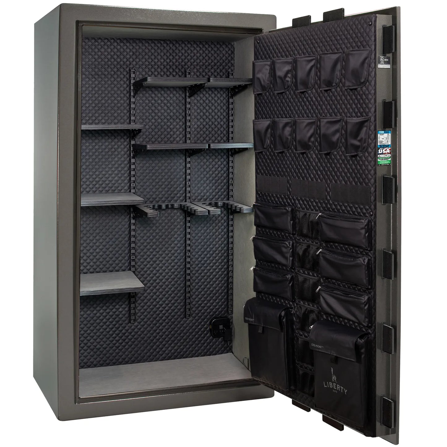 Liberty Franklin 50 gun safe in Gray Marble with Black Chrome, Signature interior empty.