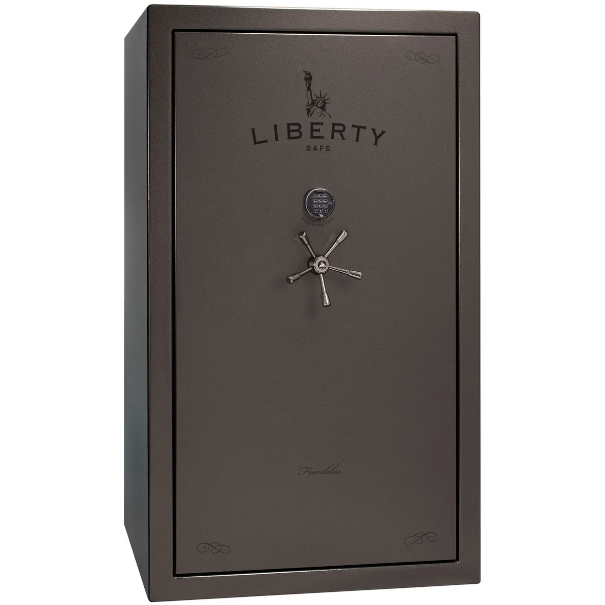 Liberty Franklin 50 gun safe in Gray Gloss with Black Chrome and S&G electronic lock, exterior view.