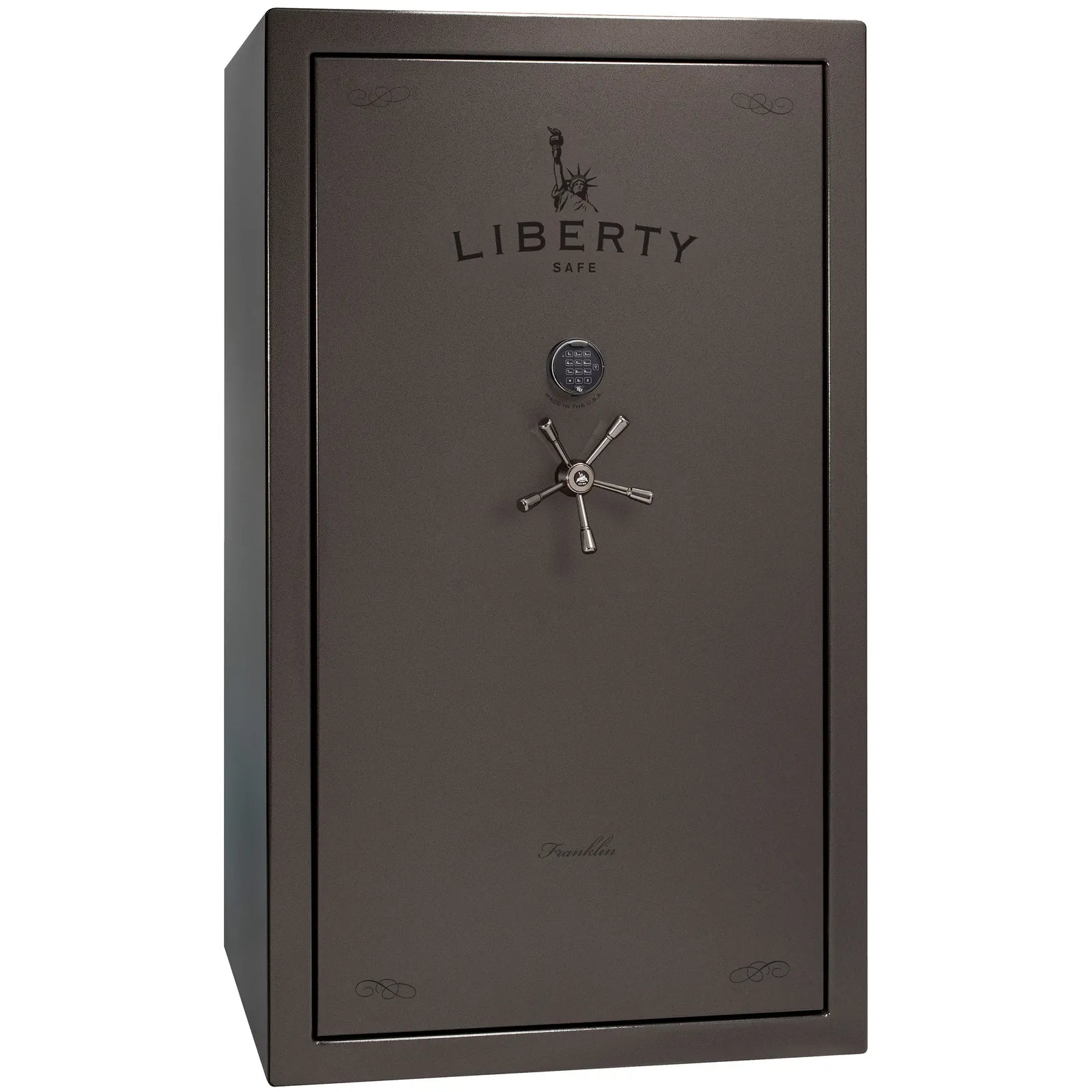 Liberty Franklin 50 gun safe in Gray Gloss with Black Chrome and S&G electronic lock, exterior view.