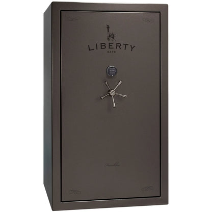 Liberty Franklin 50 gun safe in Gray Gloss with Black Chrome and S&G electronic lock, exterior view.