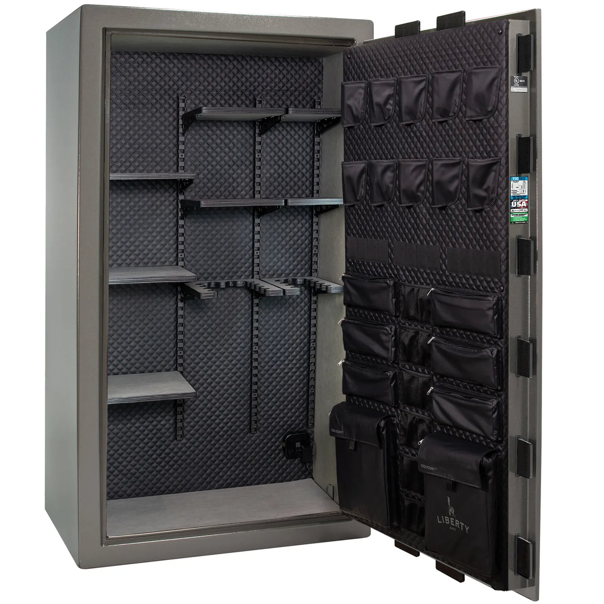 Liberty Franklin 50 gun safe in Gray Gloss with Black Chrome, Signature interior empty.