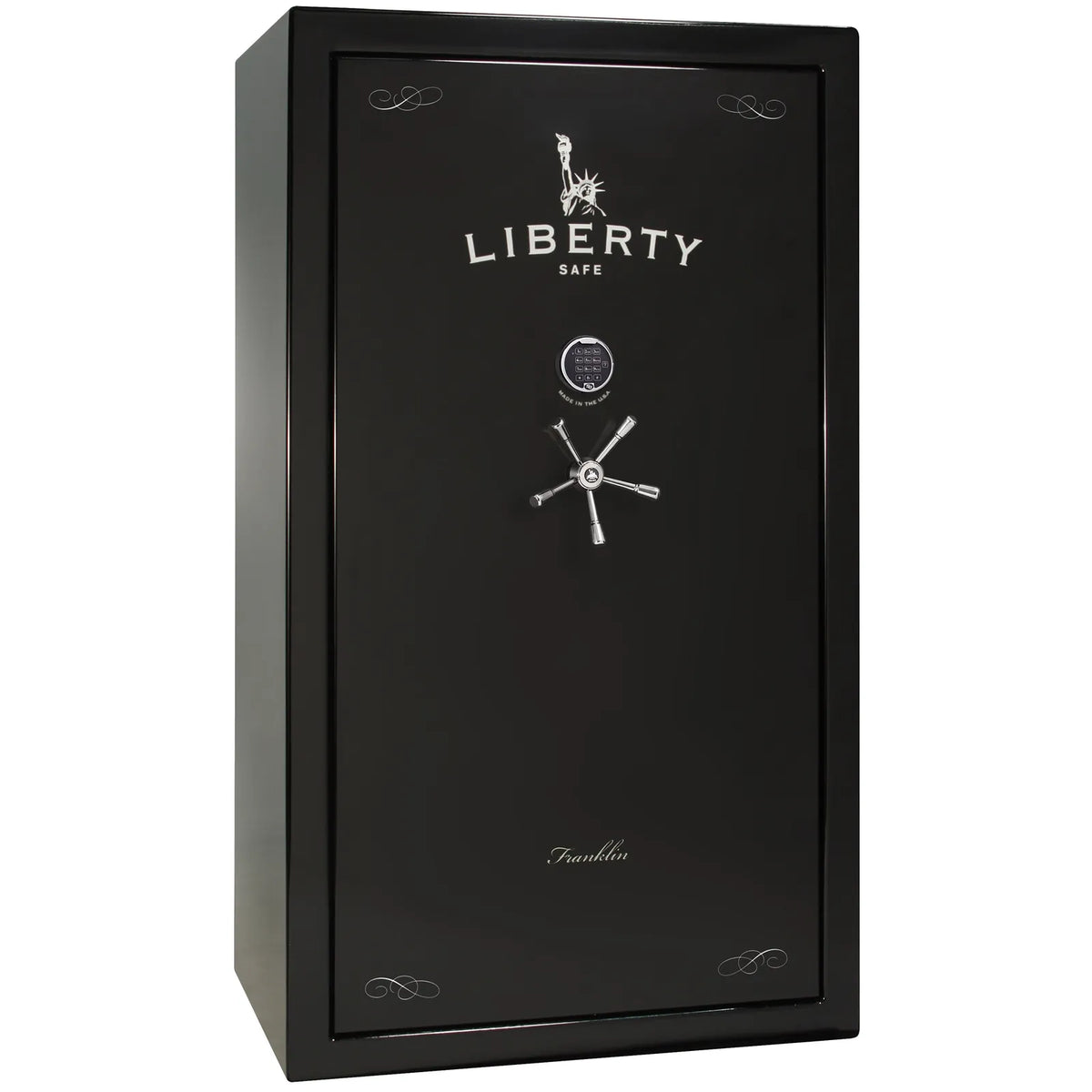 Liberty Franklin 50 gun safe in Black Gloss with Chrome and S&G electronic lock, exterior view.