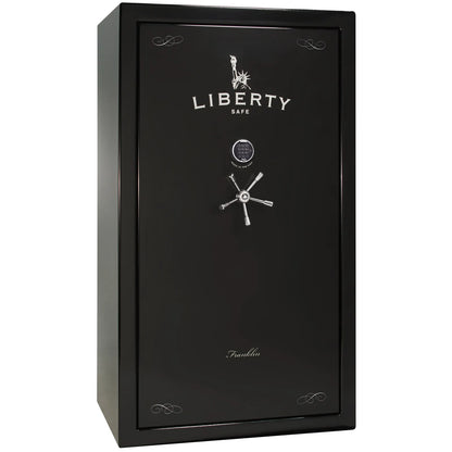 Liberty Franklin 50 gun safe in Black Gloss with Chrome and S&G electronic lock, exterior view.