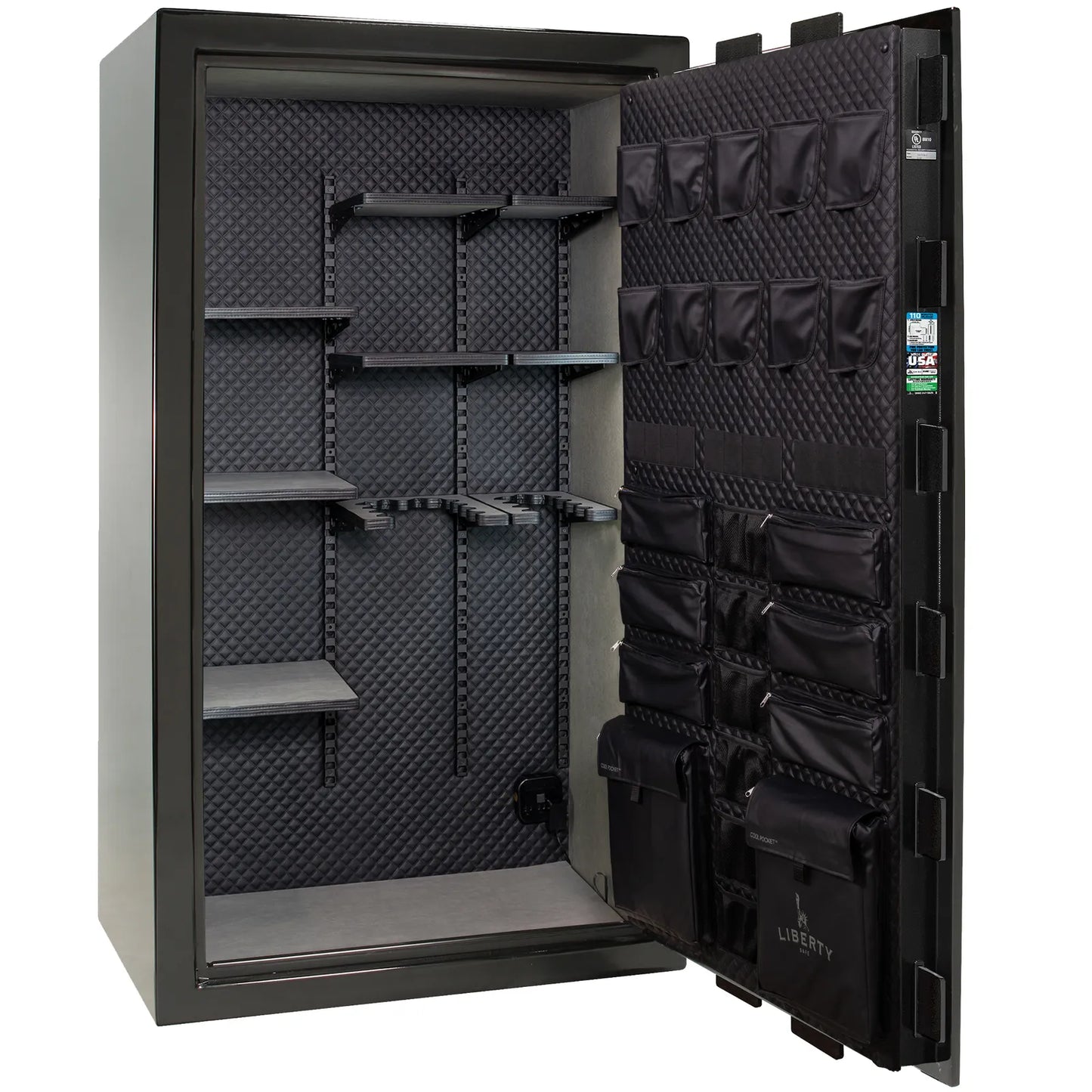 Liberty Franklin 50 gun safe in Black Gloss with Chrome, Signature interior empty.