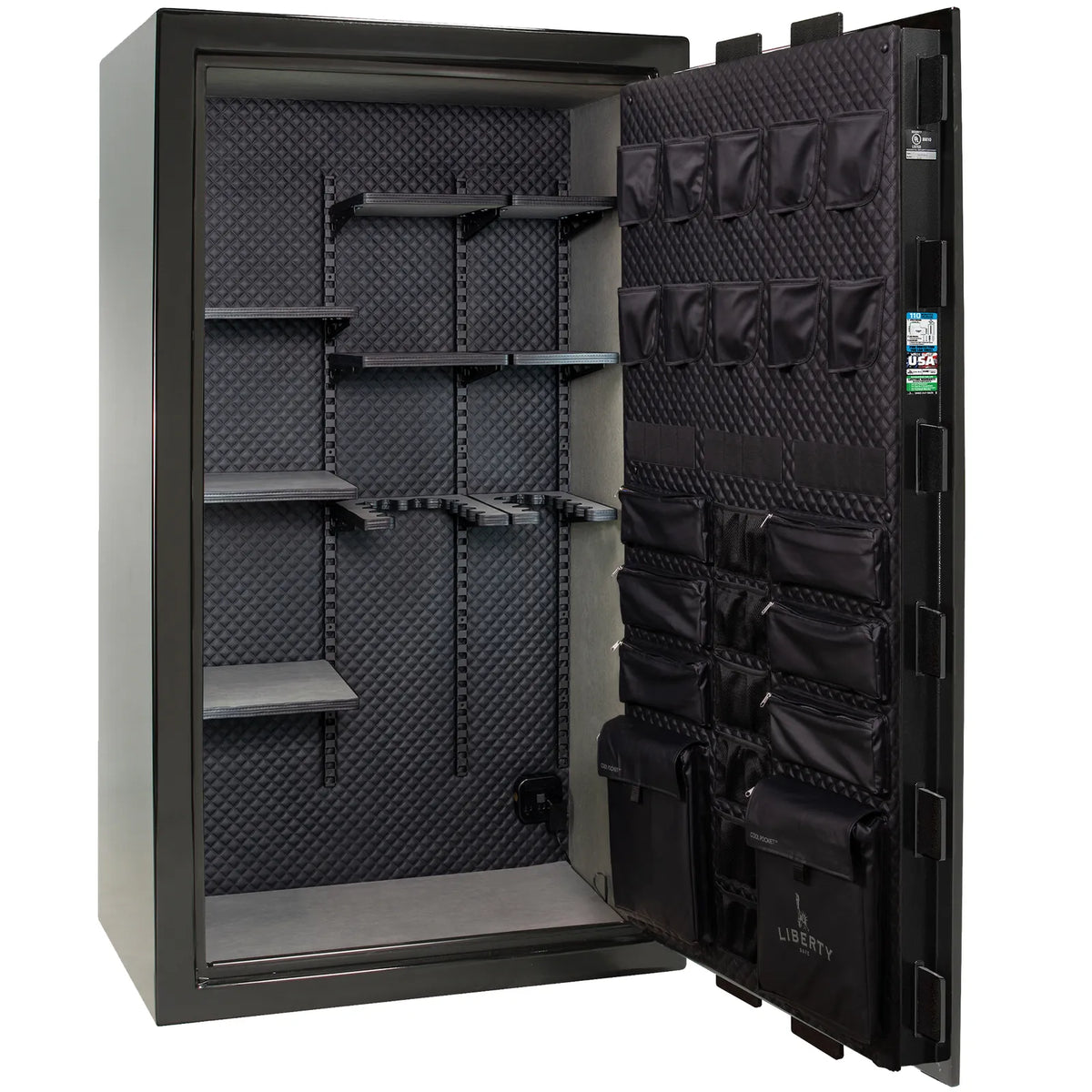 Liberty Franklin 50 gun safe in Black Gloss with Chrome, Signature interior empty.