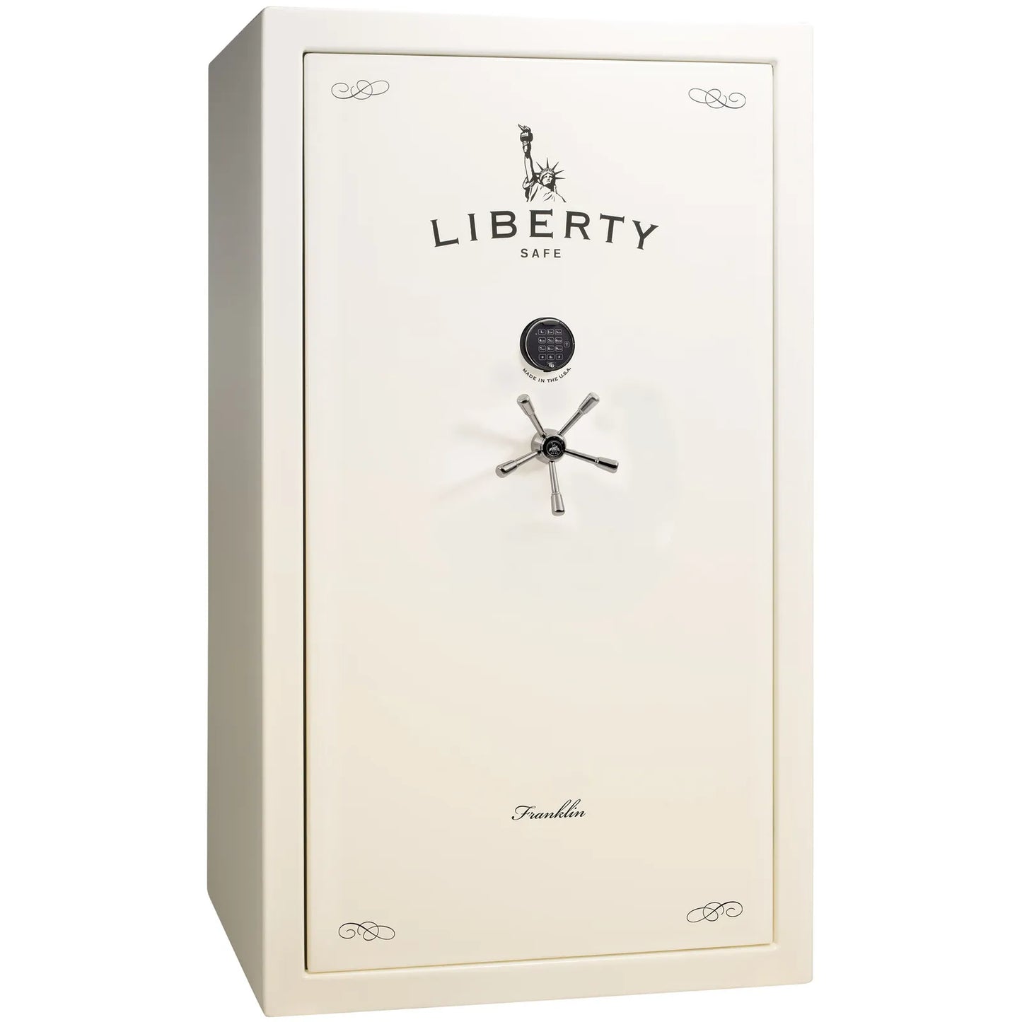 Liberty Franklin 50 gun safe in White Gloss with Black Chrome and S&G electronic lock, exterior view.