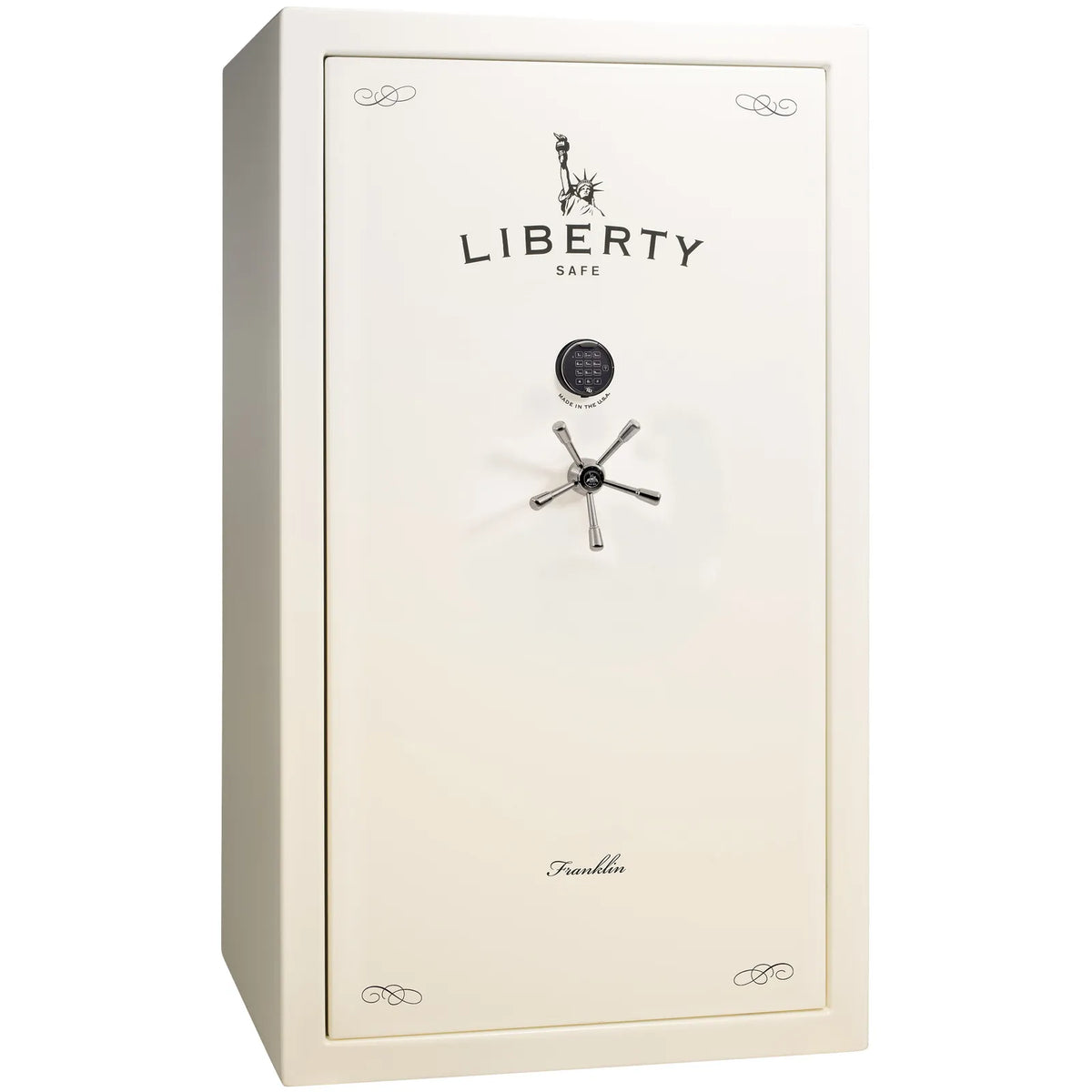 Liberty Franklin 50 gun safe in White Gloss with Black Chrome and S&G electronic lock, exterior view.