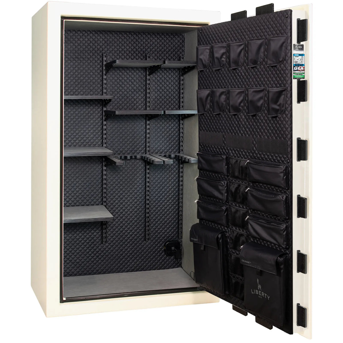 Liberty Franklin 50 gun safe in White Gloss with Black Chrome, Signature interior empty.