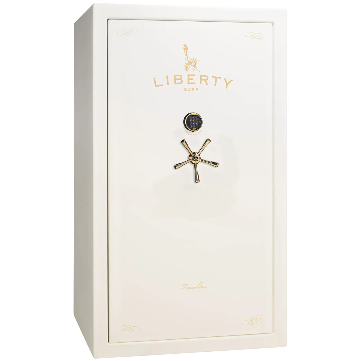 Liberty Franklin 50 gun safe in White Gloss with Brass and S&G electronic lock, exterior view.
