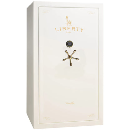 Liberty Franklin 50 gun safe in White Gloss with Brass and S&G electronic lock, exterior view.