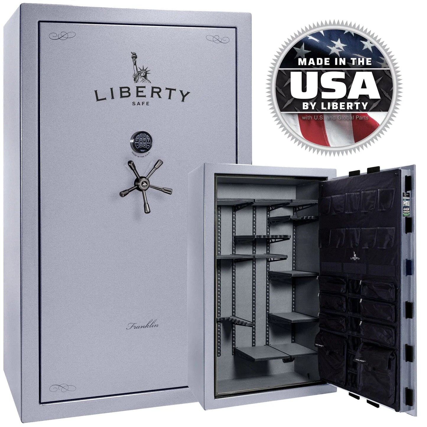 Liberty Franklin 50 gun safe glacial steel exterior and interior view