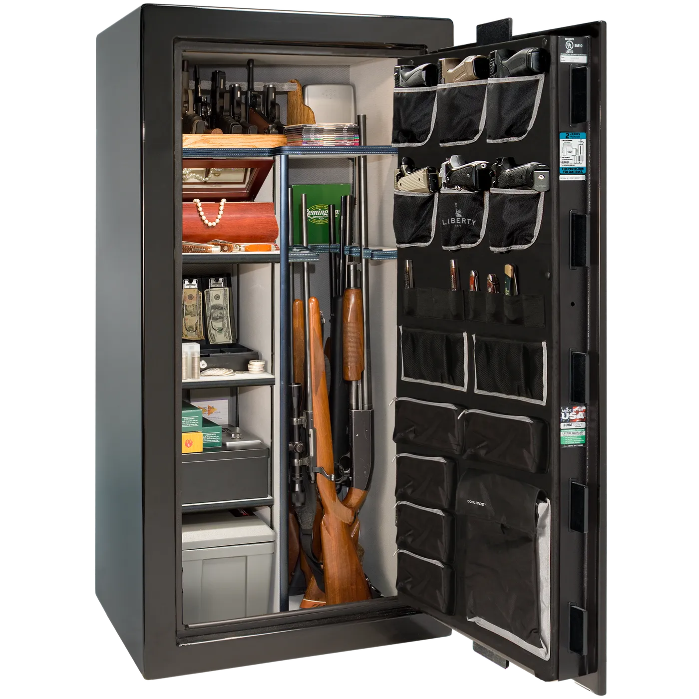 Interior of Liberty Lincoln 25 safe in Black Mirror Gloss with Black Chrome hardware