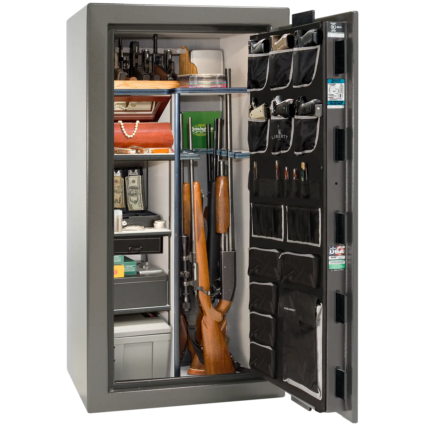 Interior of Liberty Lincoln 25 safe in Gray Gloss with Black Chrome hardware