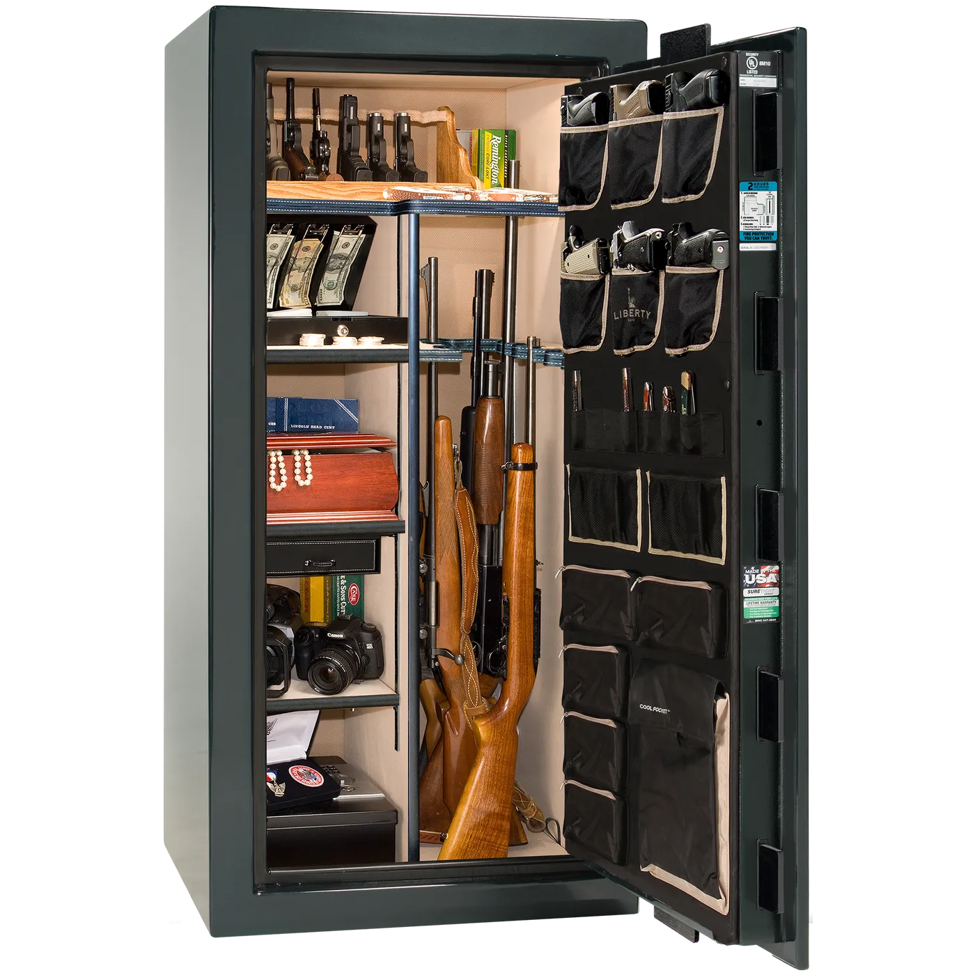 Interior of Liberty Lincoln 25 safe in Green Gloss with Black Chrome hardware