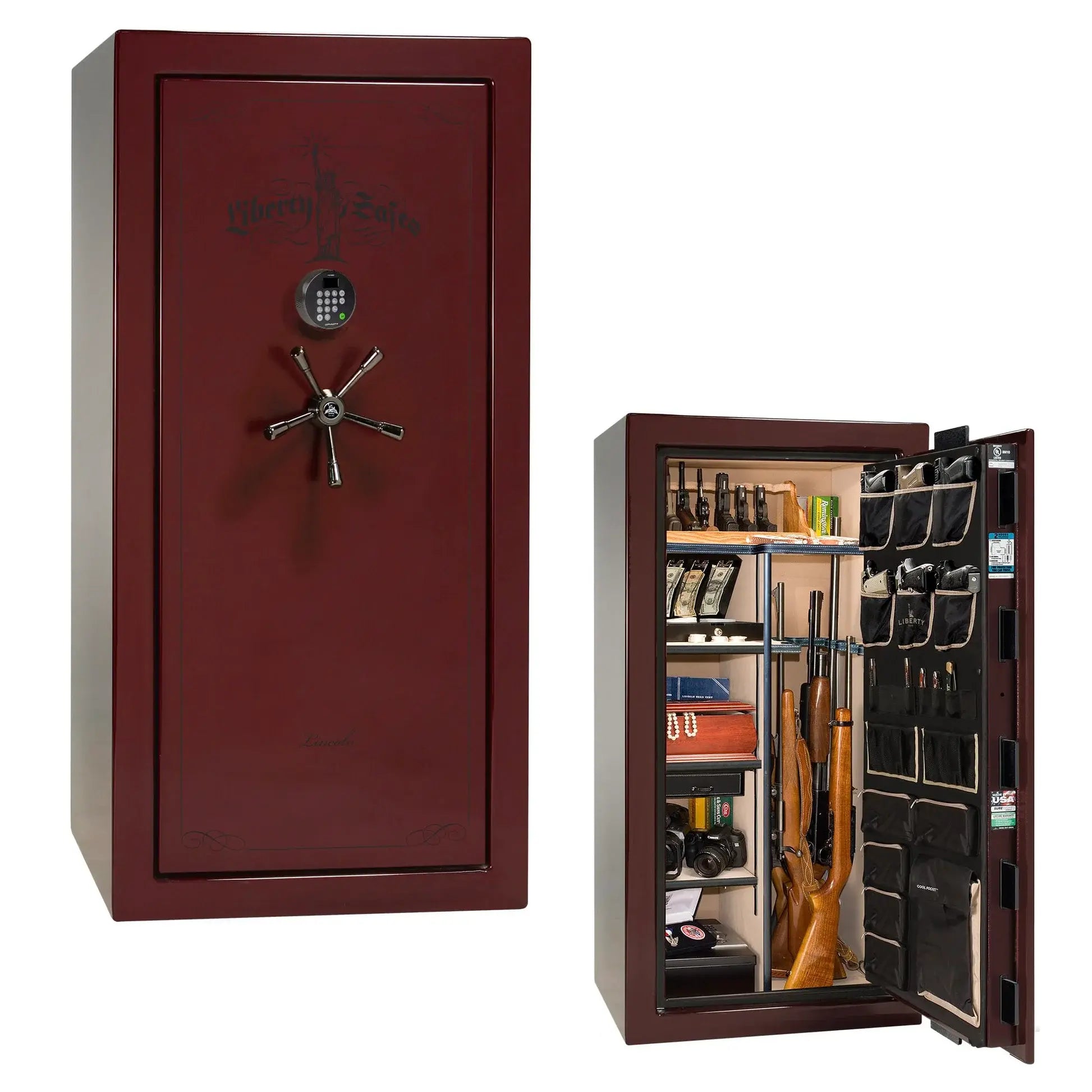 Liberty Lincoln 25 safe in Burgundy Gloss with Black Chrome hardware