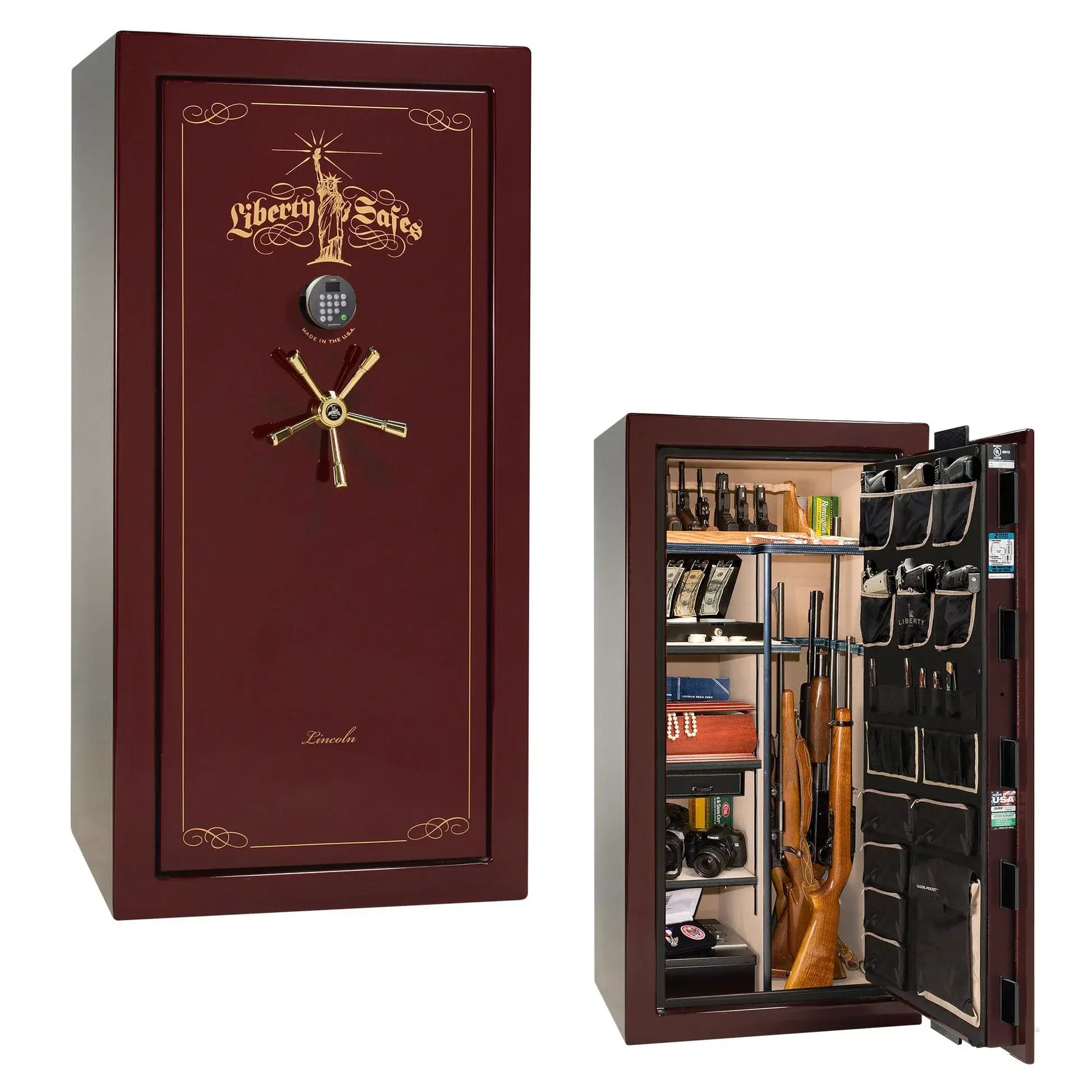 Liberty Lincoln 25 safe in Burgundy Gloss with Brass hardware