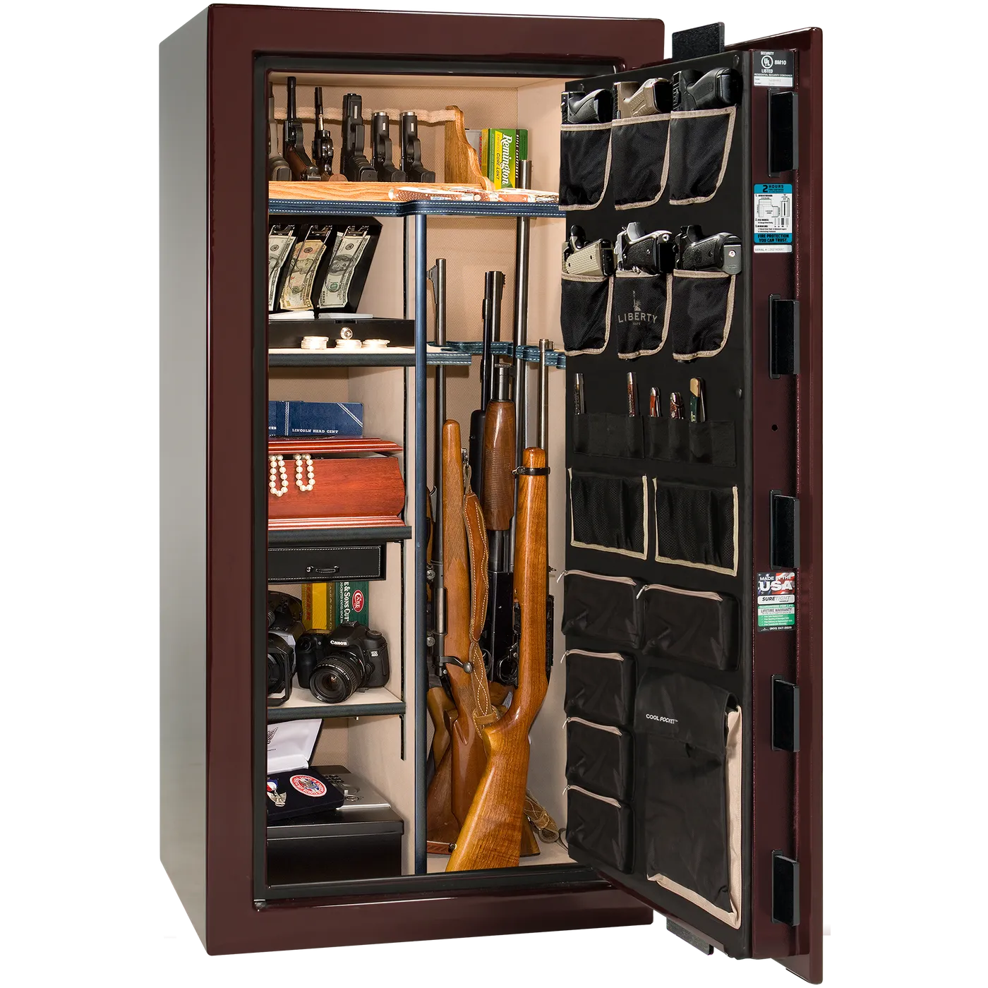 Interior of Liberty Lincoln 25 safe in Burgundy Gloss with Brass hardware