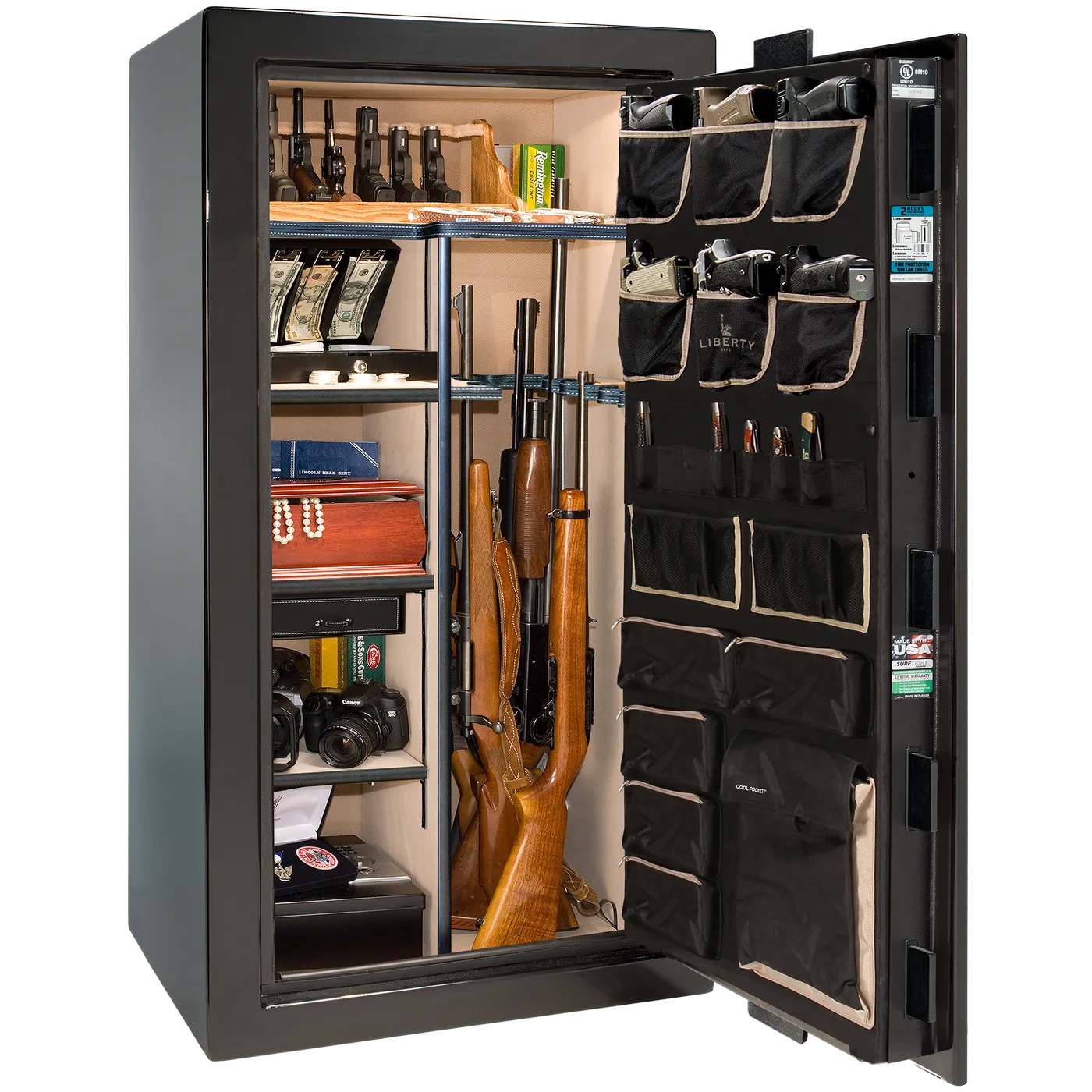 Interior of Liberty Lincoln 25 safe in Black Mirror Gloss with Brass hardware