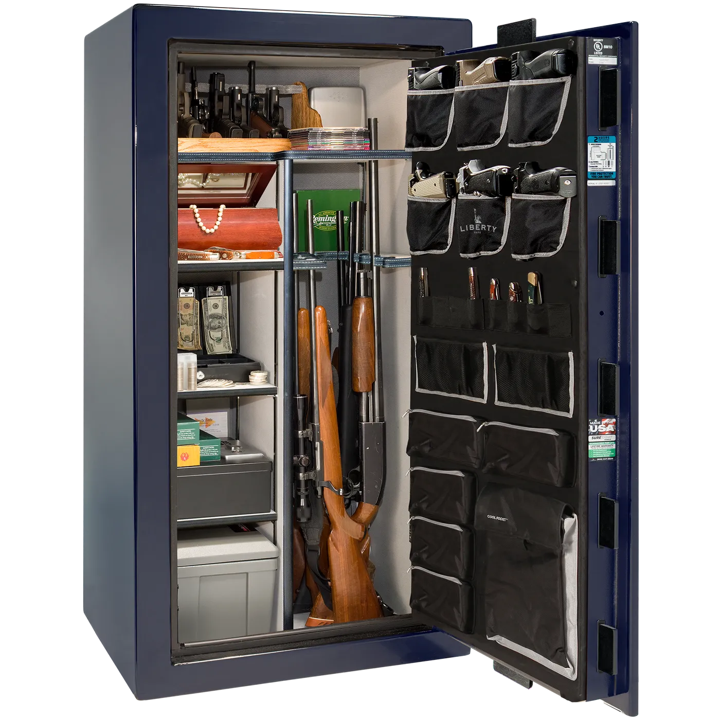 Interior of Liberty Lincoln 25 safe in Blue Mirror Gloss with Chrome hardware