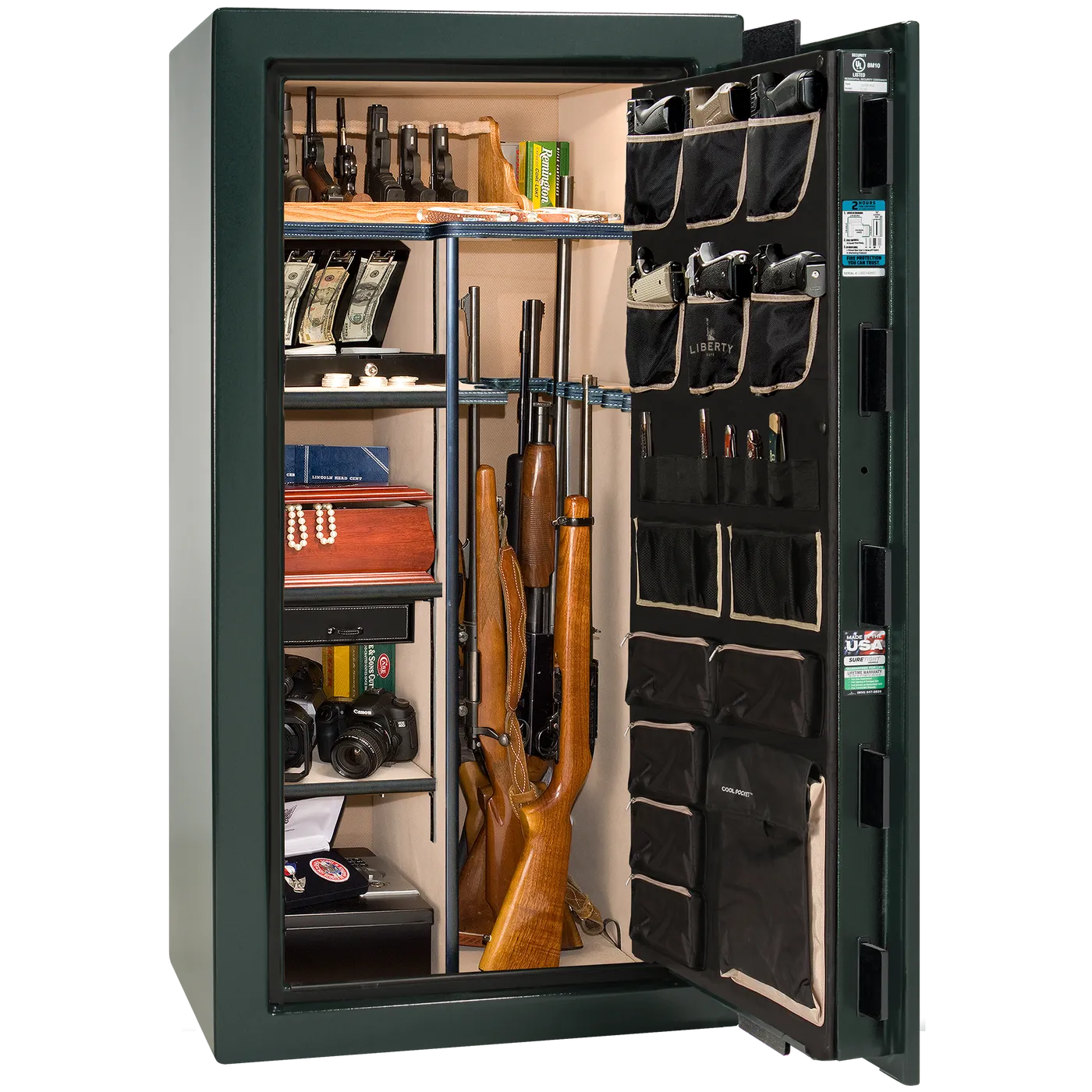 Interior of Liberty Lincoln 25 safe in Green Marble with Black Chrome hardware