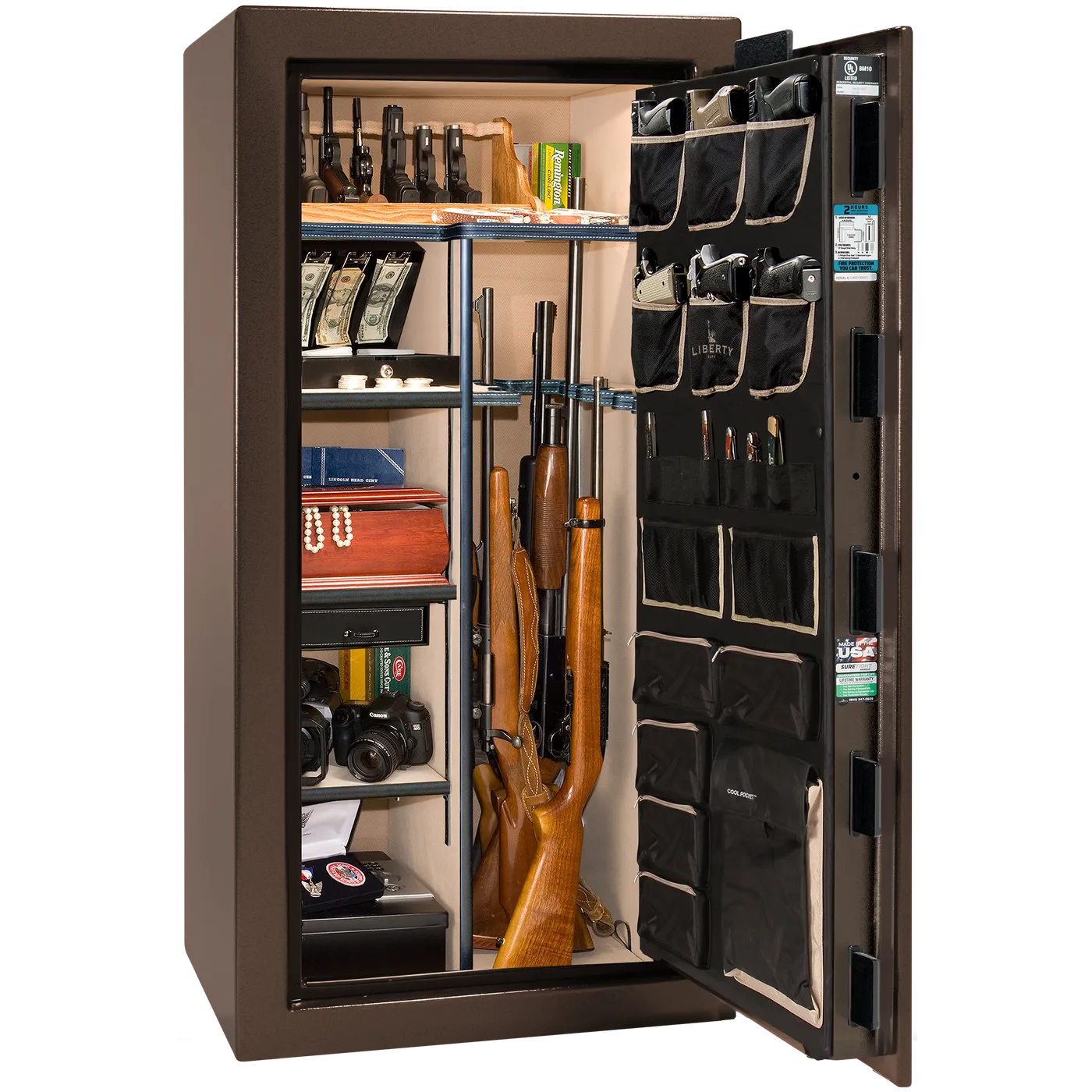 Interior of Liberty Lincoln 25 safe in Bronze Gloss with Black Chrome hardware