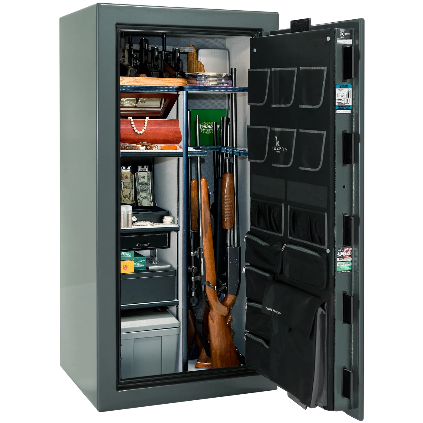 Interior of Liberty Lincoln 25 safe in Forest Mist Gloss with Black Chrome hardware