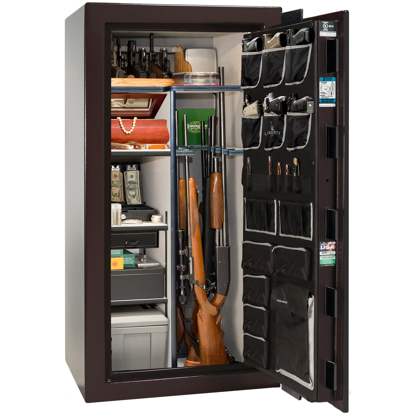 Interior of Liberty Lincoln 25 safe in Black Cherry Gloss with Black Chrome hardware