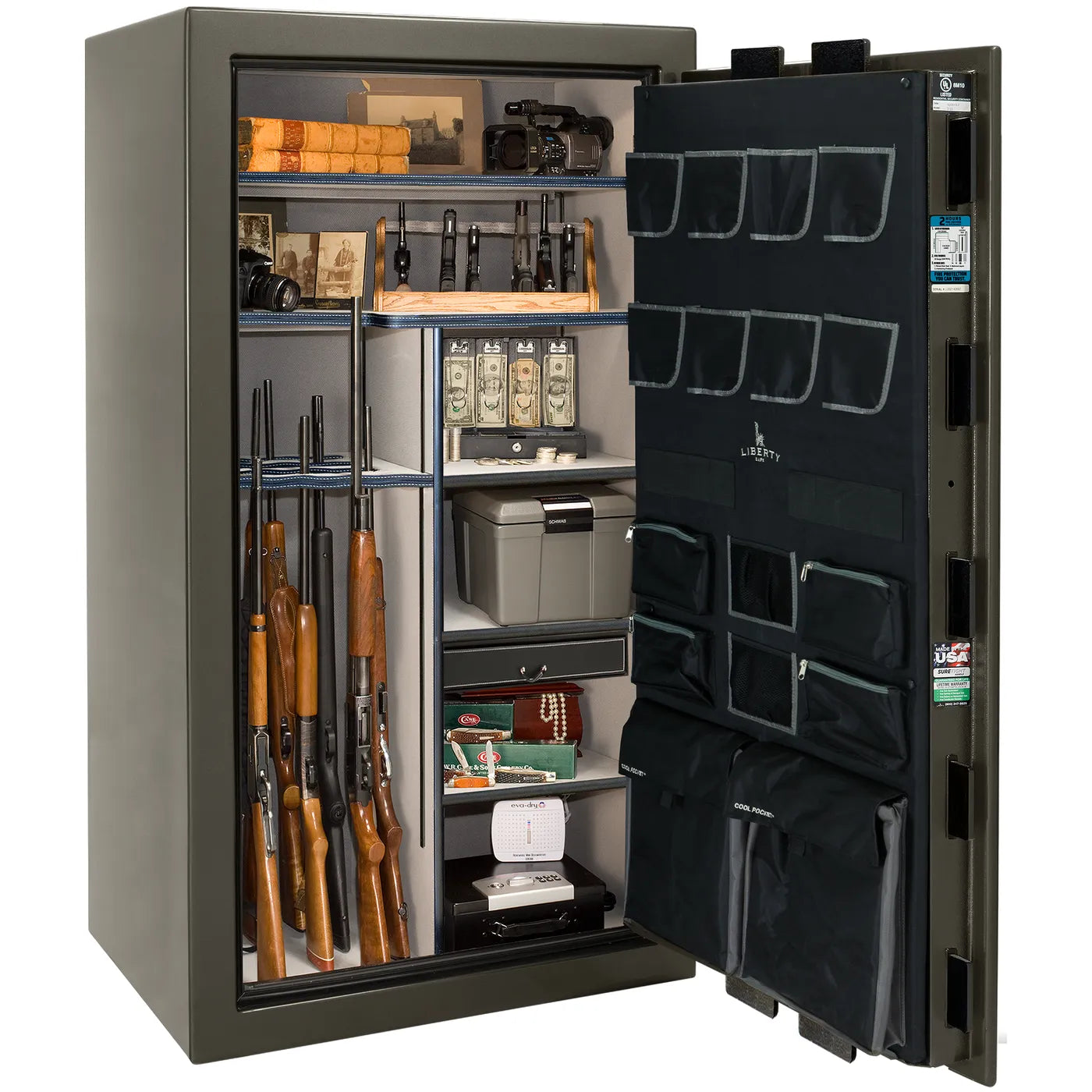 Interior of Liberty Lincoln 40 safe in Gray Gloss with Black Chrome hardware