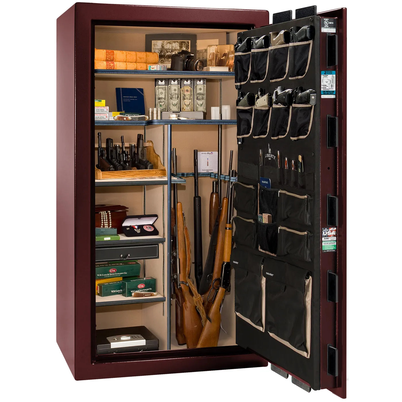 Interior of Liberty Lincoln 40 safe in Burgundy Gloss with Black Chrome hardware