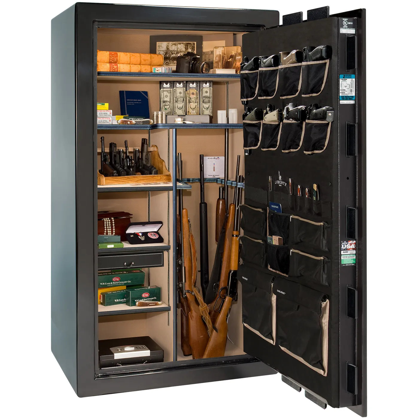 Interior of Liberty Lincoln 40 safe in Black Mirror Gloss with Brass hardware