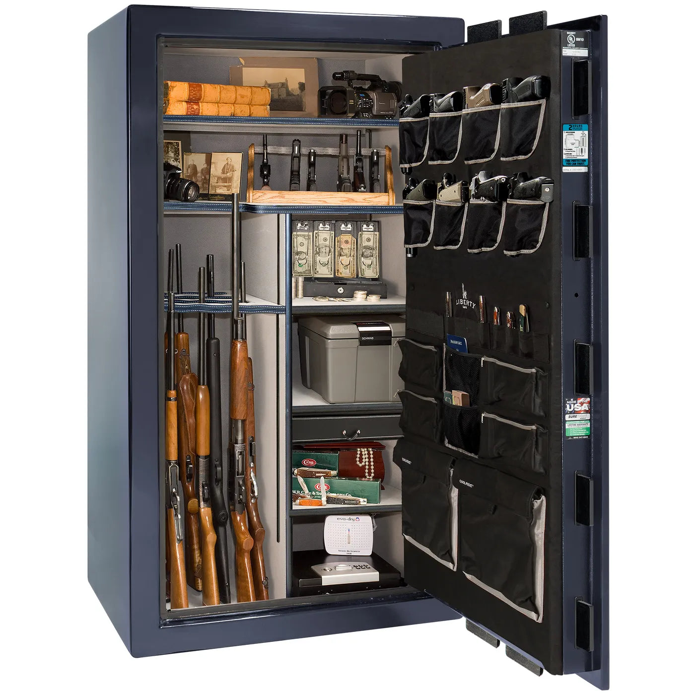 Interior of Liberty Lincoln 40 safe in Blue Mirror Gloss with Chrome hardware