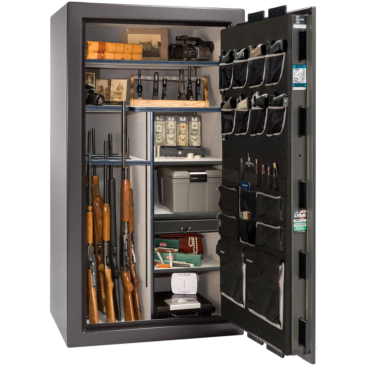 Interior of Liberty Lincoln 40 safe in Gray Marble with Black Chrome hardware
