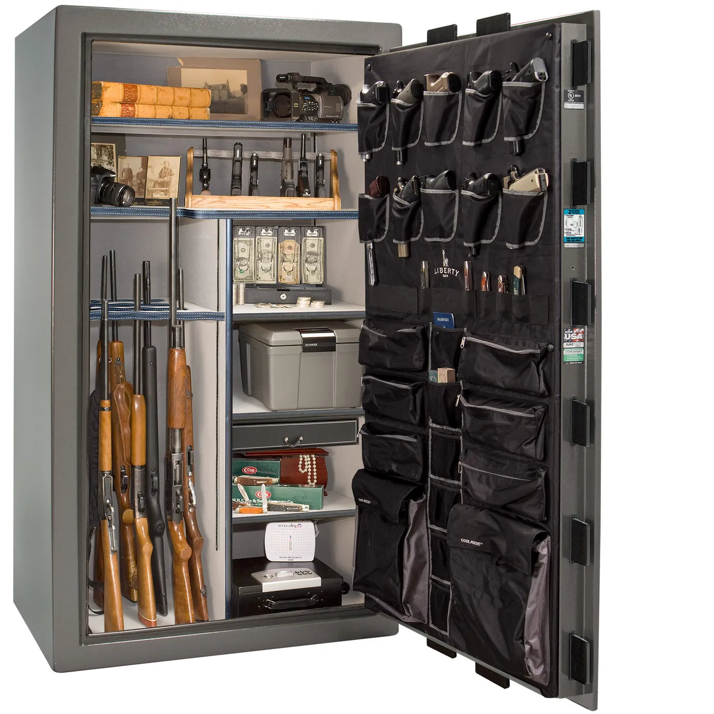 Interior of Liberty Lincoln 50 safe in Gray Gloss with Black Chrome hardware