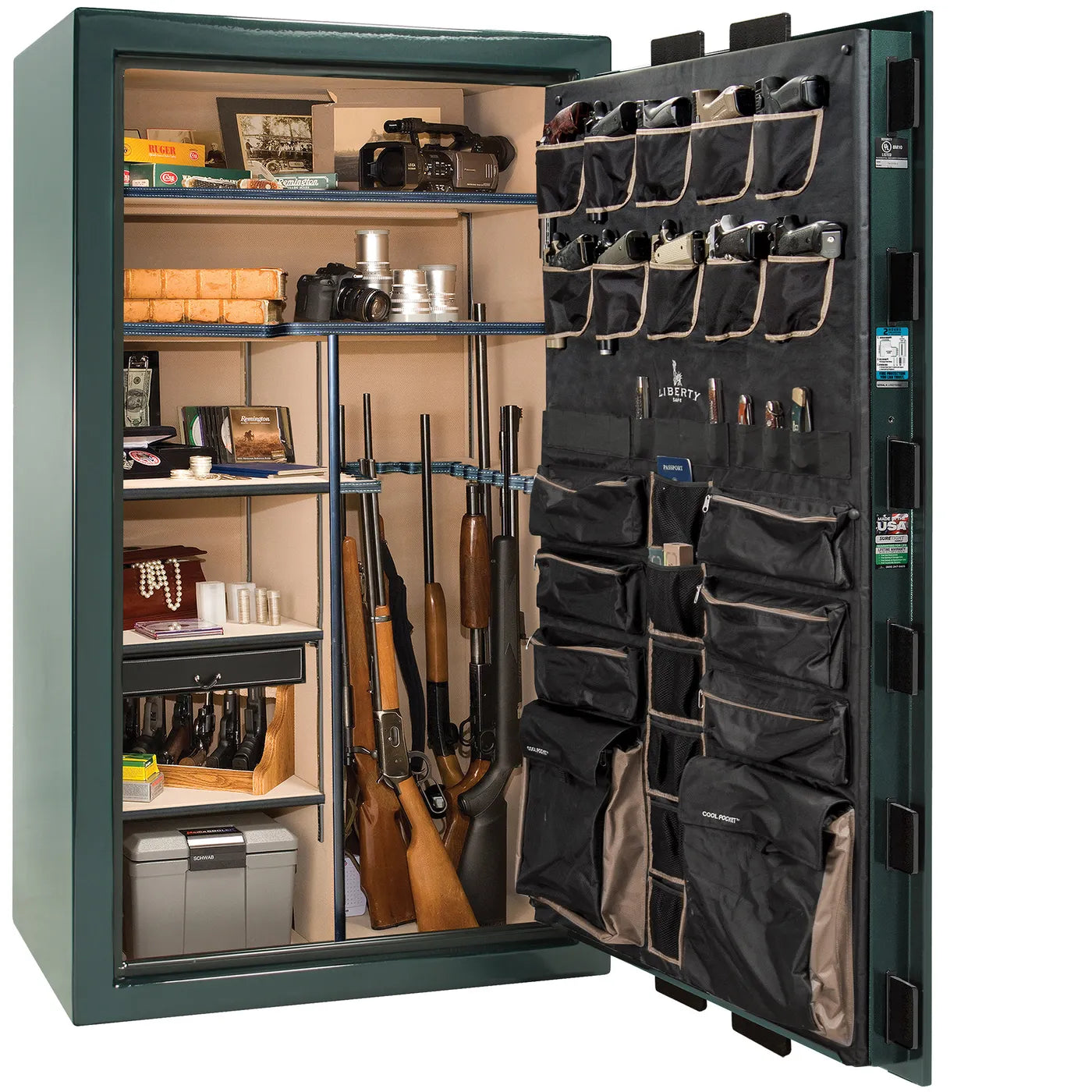 Interior of Liberty Lincoln 50 safe in Green Gloss with Black Chrome hardware