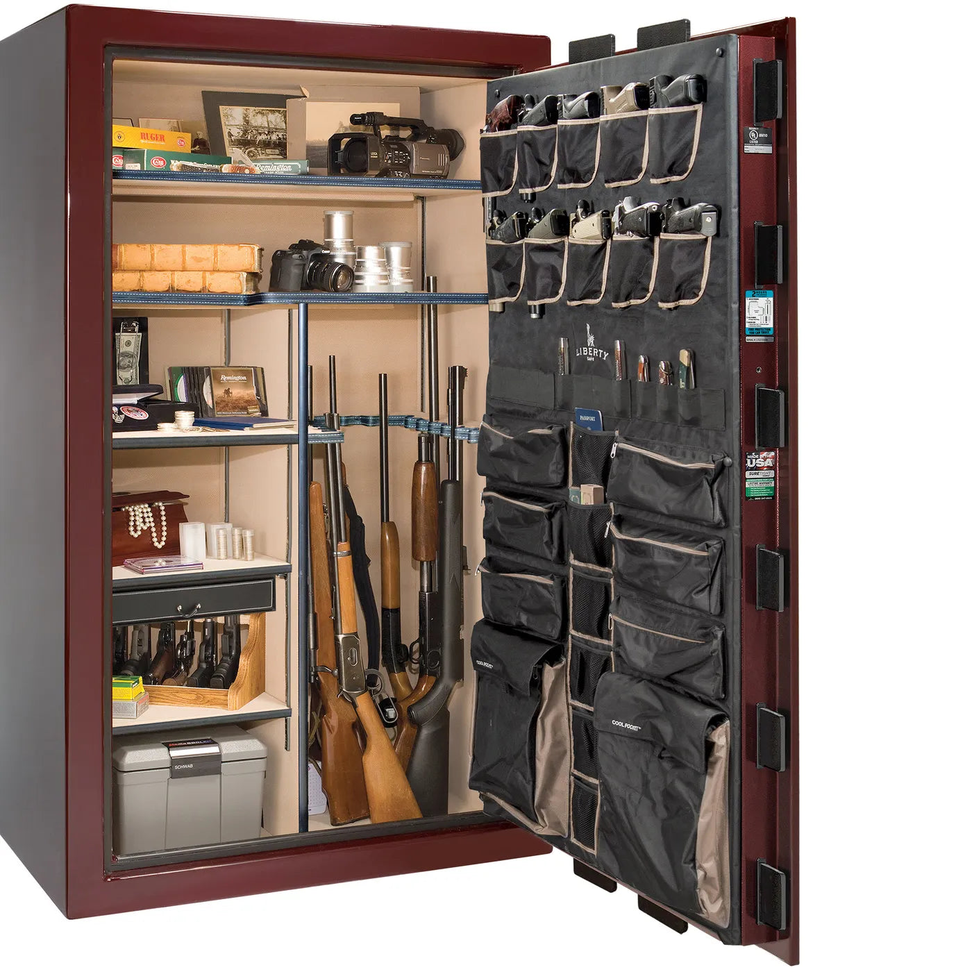Interior of Liberty Lincoln 50 safe in Burgundy Gloss with Black Chrome hardware