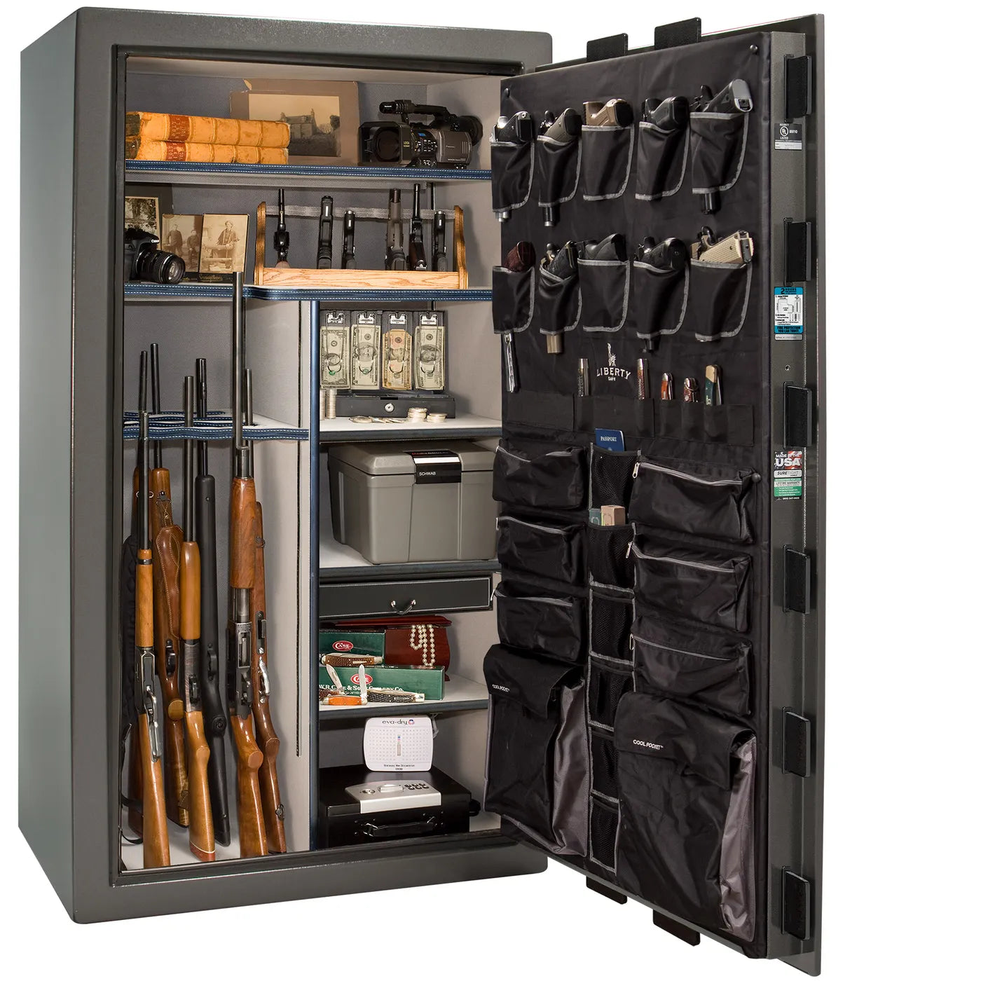 Interior of Liberty Lincoln 50 safe in Gray Marble with Black Chrome hardware